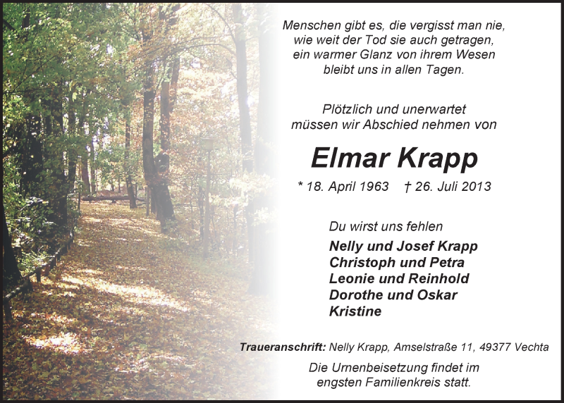  Traueranzeige für Elmar Krapp vom 30.07.2013 aus OM-Medien